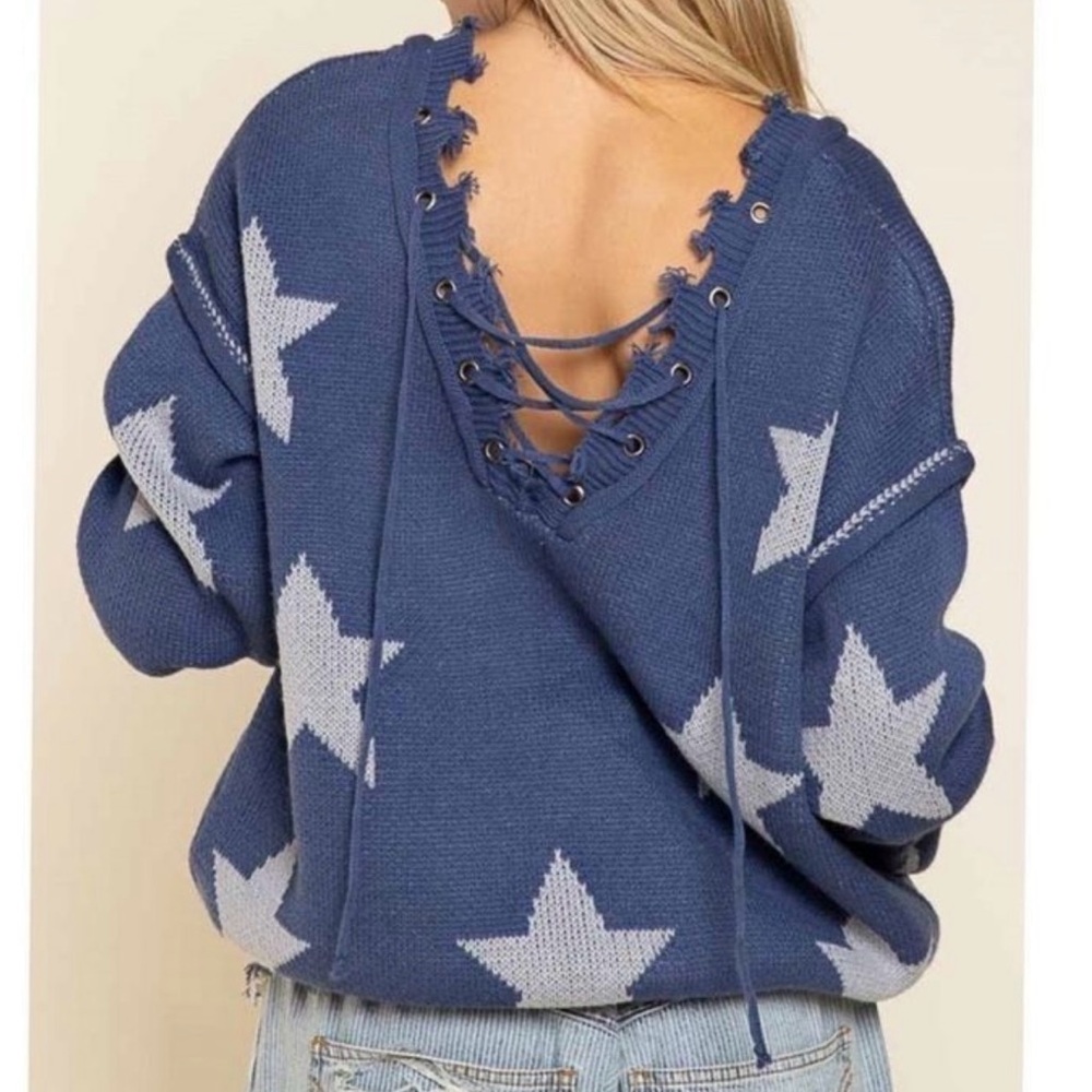 POL Bohemian sweater with tattered raw edges, and Lace up front and back Med - Picture 2 of 2
